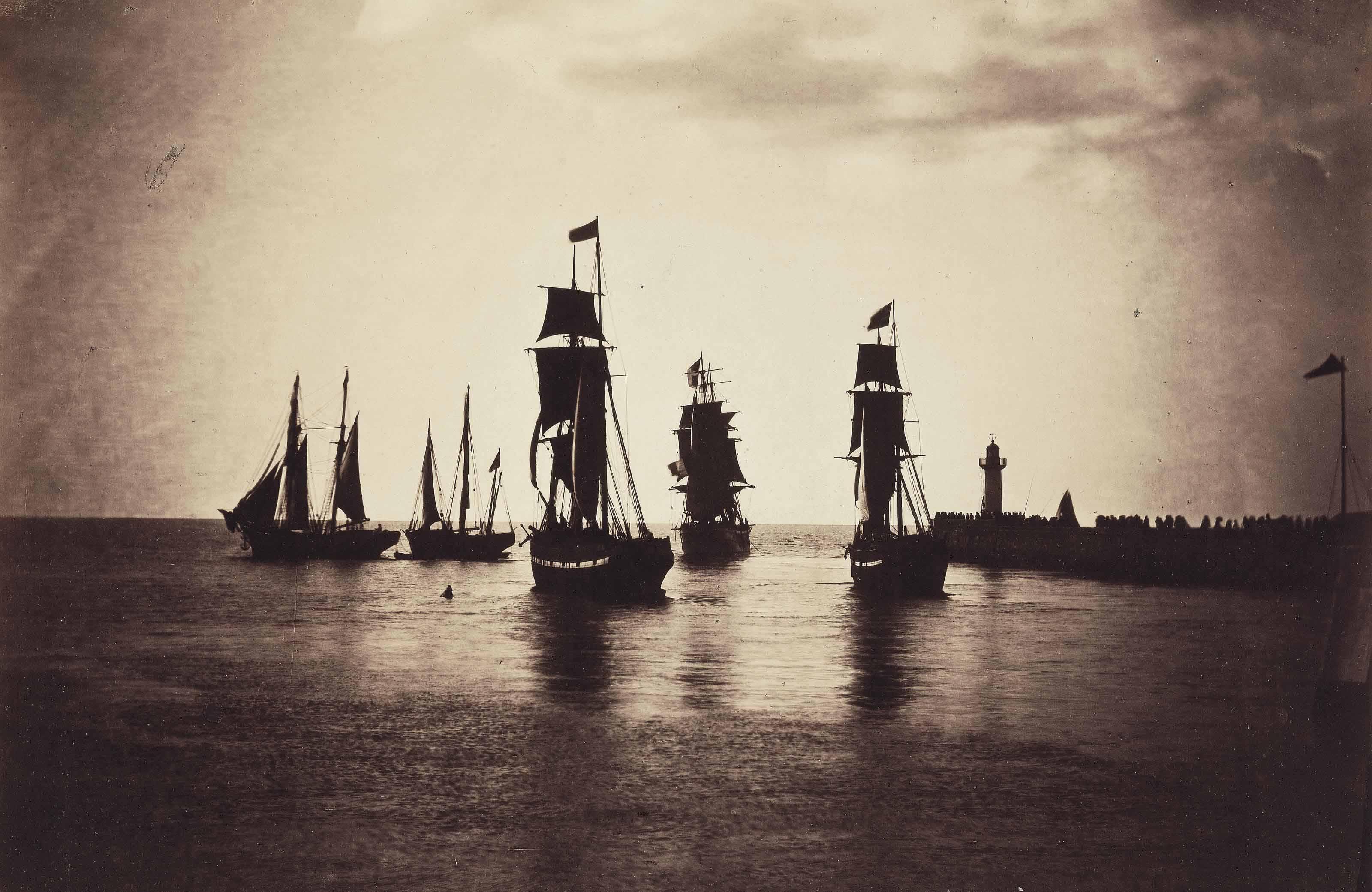 Gustave Le Gray - Bateaux quittant le port du Havre (navires de la flotte de Napoleon III), 1856-1857