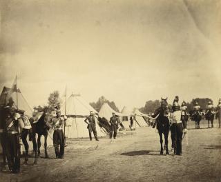 Gustave Le Gray - Camp De Chalons, Lanciers Et Dragons Avec Le Colonel Pajol, 1857Albumen Print, Flush-Mounted To Original Card. With The Photographer\'S Red Ink Signature Facsimile Stamp. Mounted And Framed.