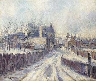 Gustave Loiseau - L\'entrée du village de Mortain sous le neige