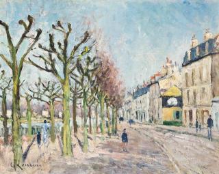 Gustave Loiseau - Quai le long de la rivière, village, soleil