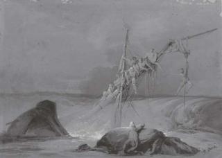 Gustave-Louis-Christophe-Paul Doré - Personnages accrochés au mât d\'un bateau naufragé