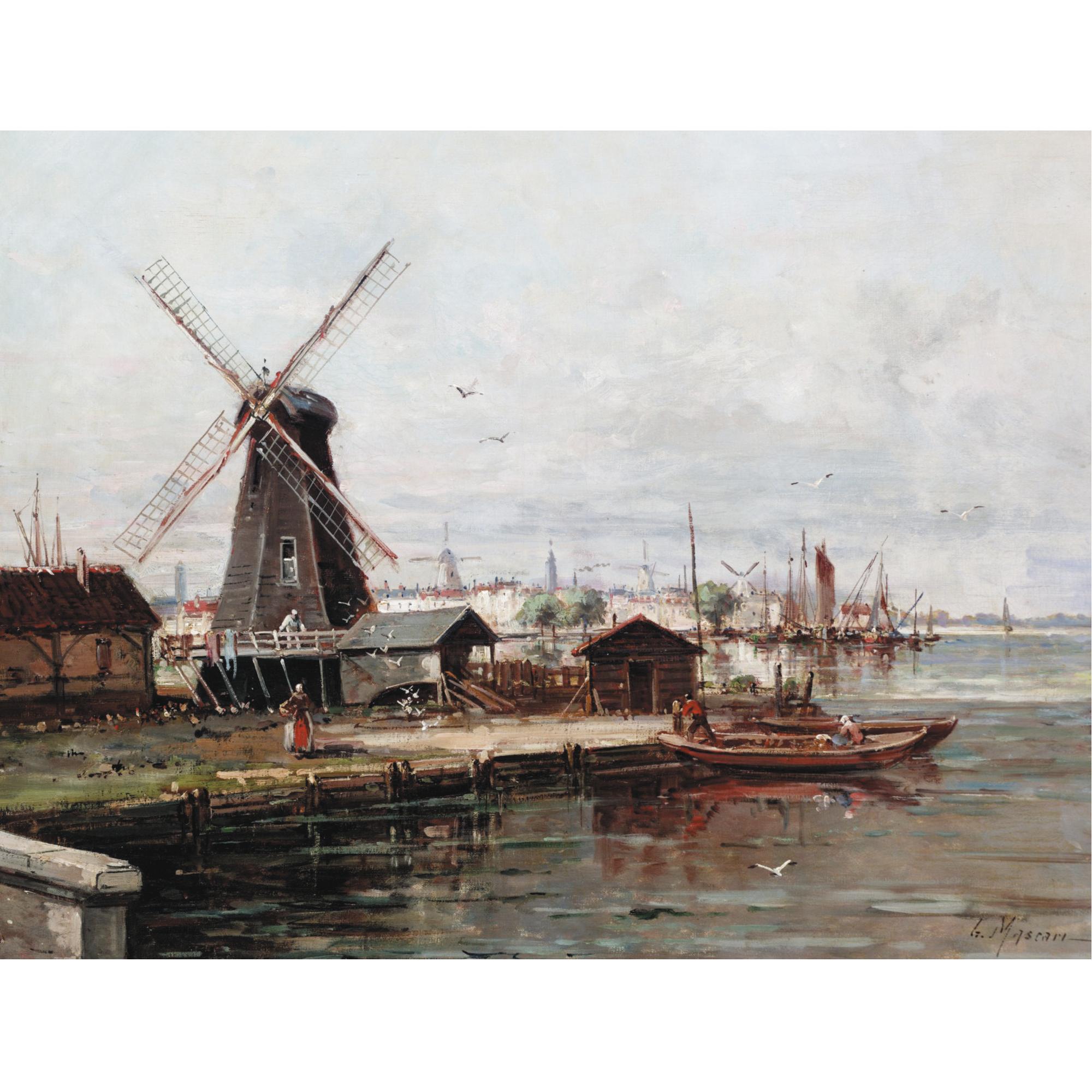 Gustave Mascart - Canal Scene With Windmill