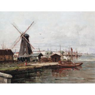 Gustave Mascart - Canal Scene With Windmill