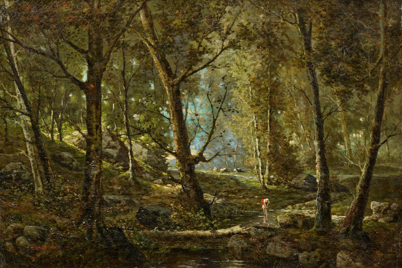 Gustave Mascart - Sommerliche Waldlandschaft mit Hirtin am Bach