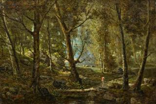 Gustave Mascart - Sommerliche Waldlandschaft mit Hirtin am Bach