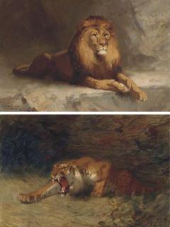 Gustave Surand - Tigre Rugissant; And Lion Couché