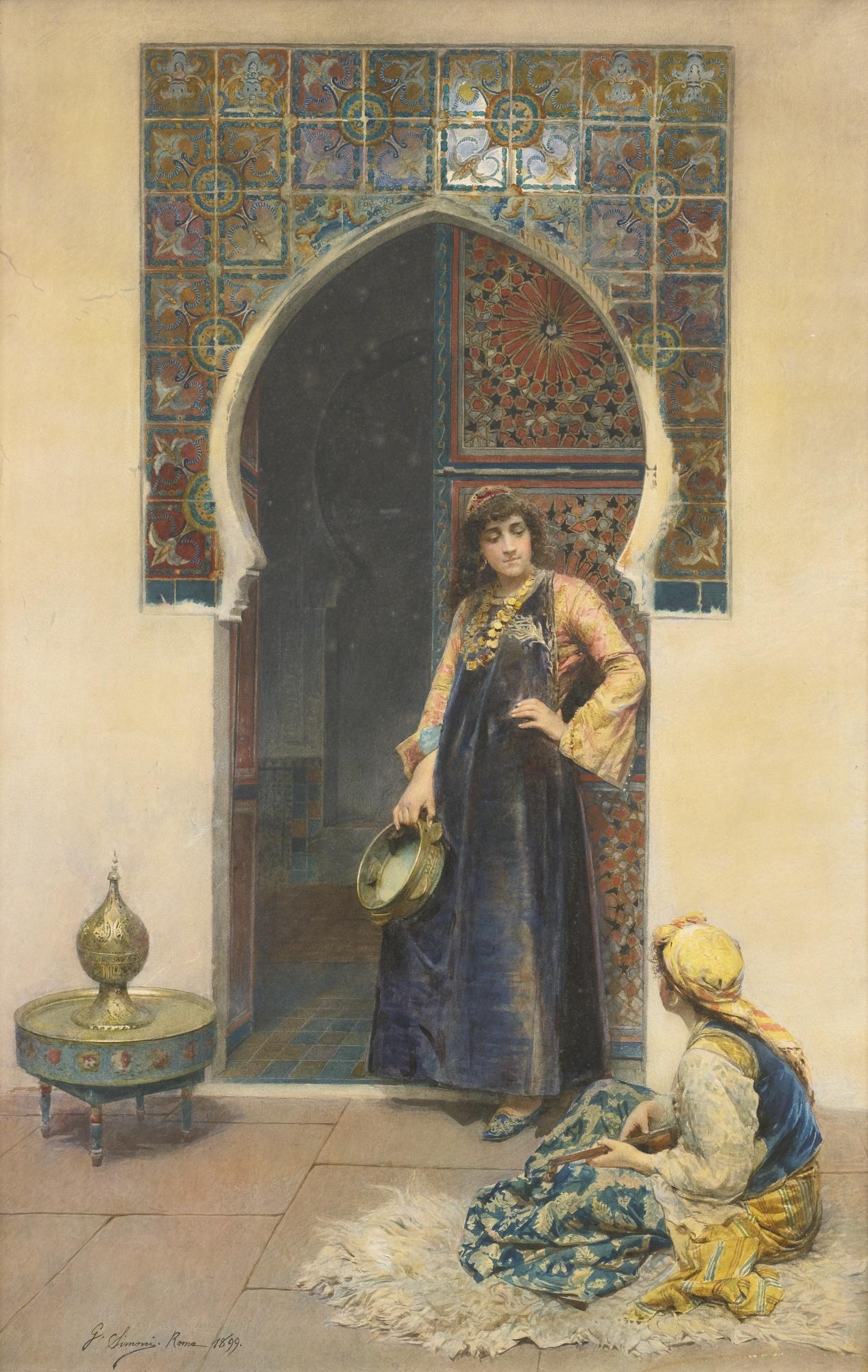 Gustavo Simoni - An Algerian Woman And A Musician At A Doorway