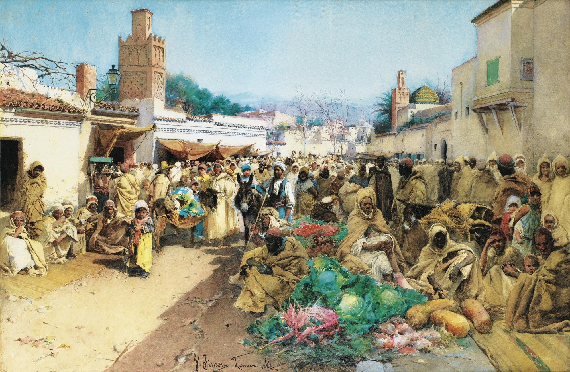 Gustavo Simoni - Marché À Tlemcengustavo Simoni ; Market Scene In Tlemcen ; Signed, Titled And Dated Lower Left Marché À Tlemcen 1883 ; Watercolour On Paper