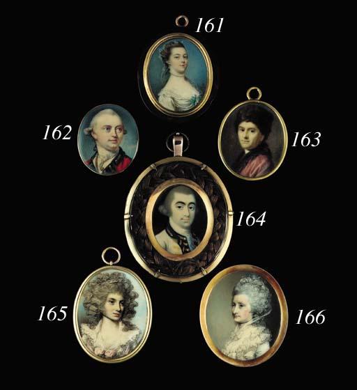 Gustavus Hamilton - A young gentleman, facing right in blue coat with gold embroidered blue collar and facings, lace cravat, powdered wig