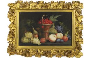 Gustavus Hamilton - Cherries in a basket with grapes, peaches, pears, apples and a watermelon on a ledge