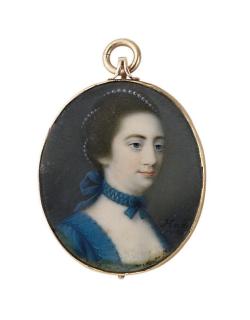 Gustavus Hamilton - Elizabeth Hamilton, the artist\'s sister, in cornflower-blue satin robe à la française with white lace-lined stomacher, blue ruched ribbon bow tied around her neck, pearls interweaving her brown upswept hair