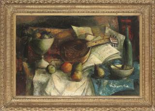 Guy Cambier - A bowl of fruit, mandolin, sheets of music and a pipe on a draped table