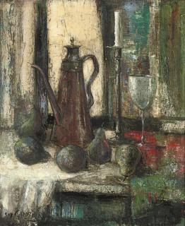 Guy Cambier - A coffee pot, pears and a wine glass on a draped table
