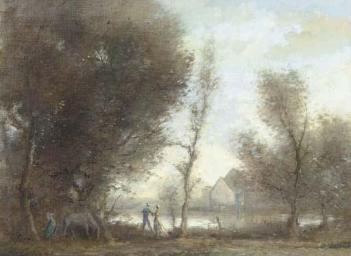 Guy Cambier - Figures and a horse by a riverside