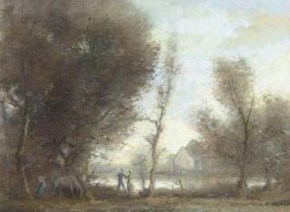 Guy Cambier - Figures and a horse by a riverside