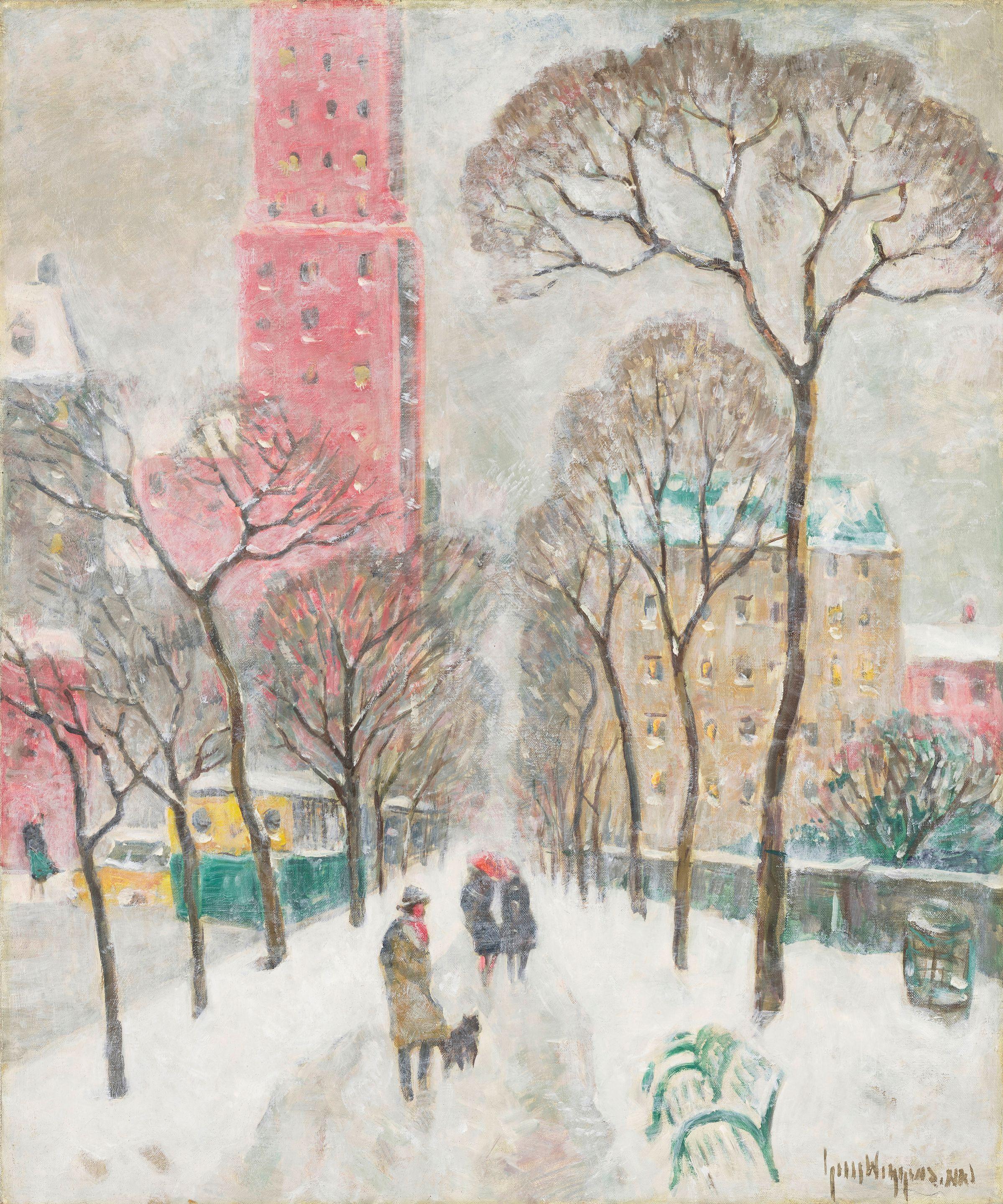 Guy Carleton Wiggins - Along Central Park on a Snowy Day