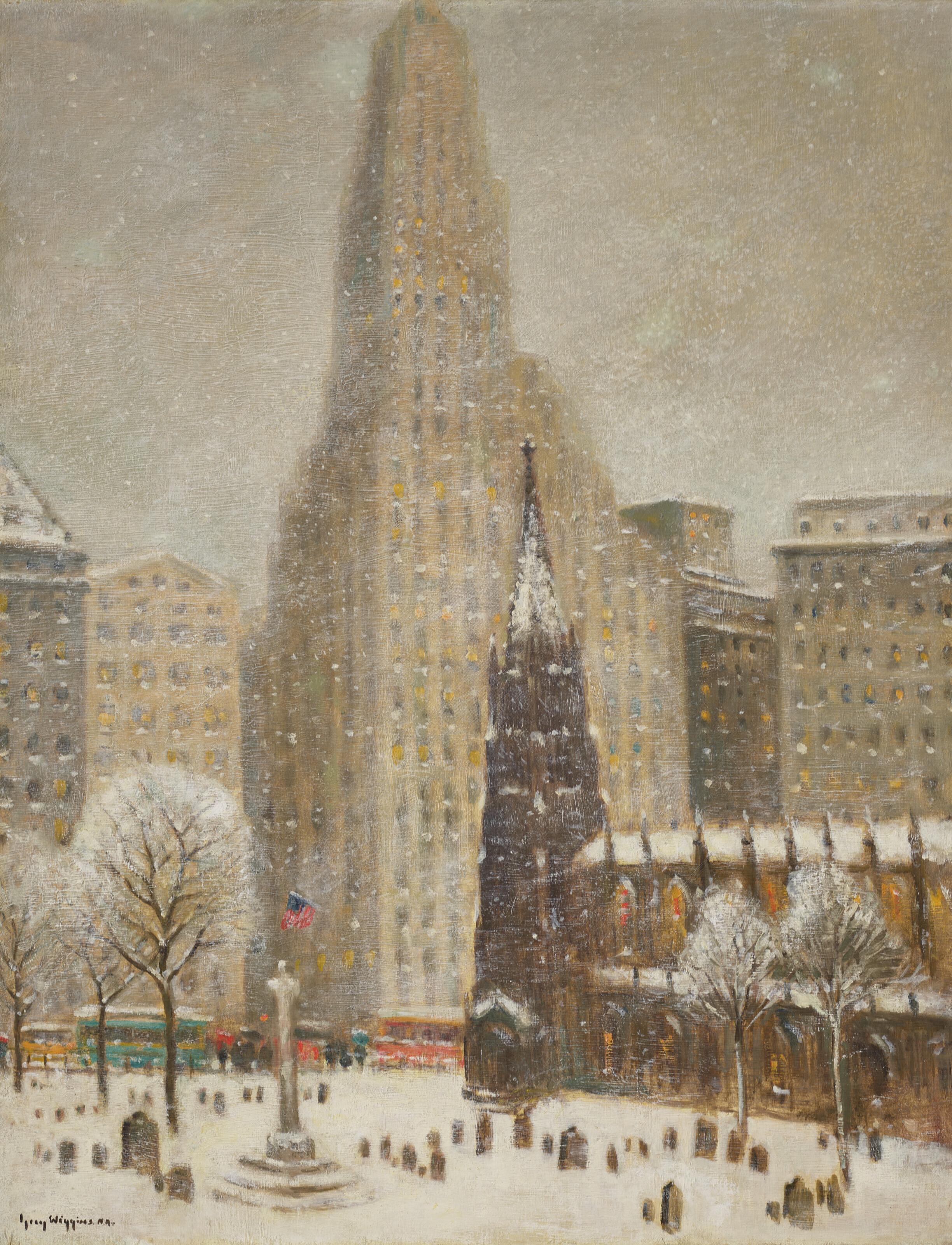 Guy Carleton Wiggins - Old Trinity Church at Wall Street and Broadway, The Bank of Montreal, the Irving Trust Co.