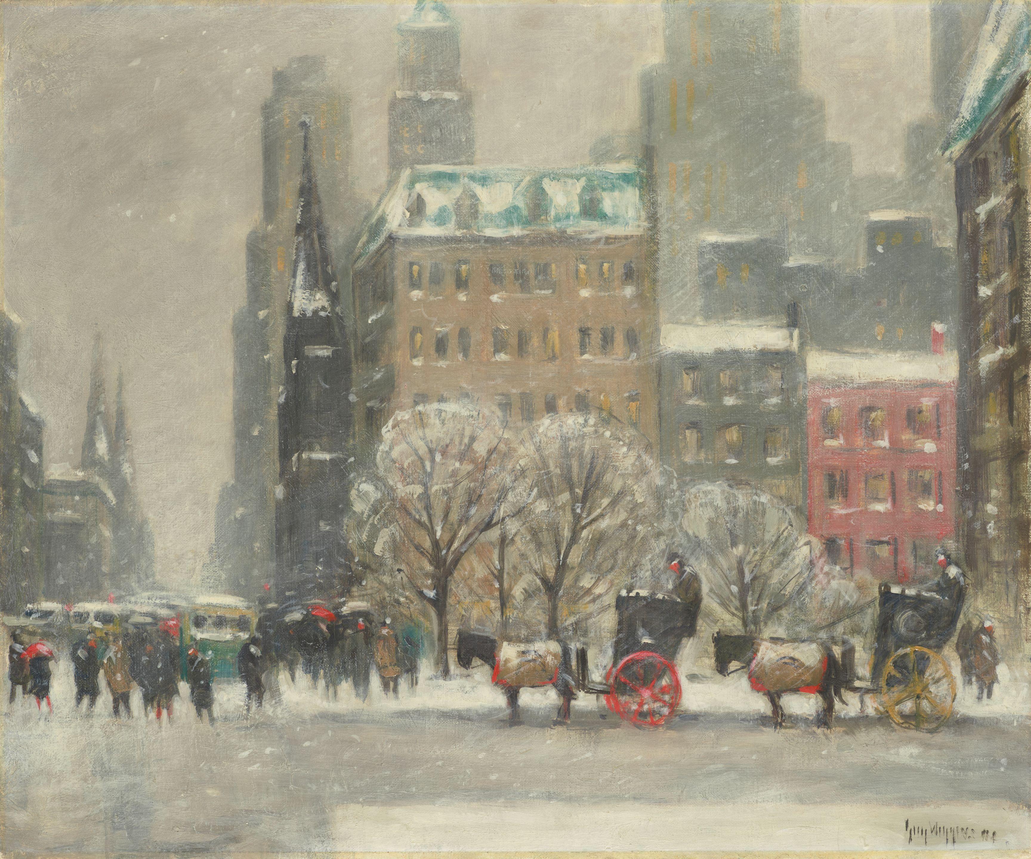 Guy Carleton Wiggins - Winter\'s Day at the Plaza 25 1/8 x 30 1/8 in. (63.8 x 76.5 cm.)