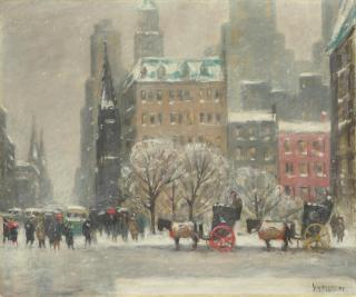 Guy Carleton Wiggins - Winter\'s Day at the Plaza 25 1/8 x 30 1/8 in. (63.8 x 76.5 cm.)