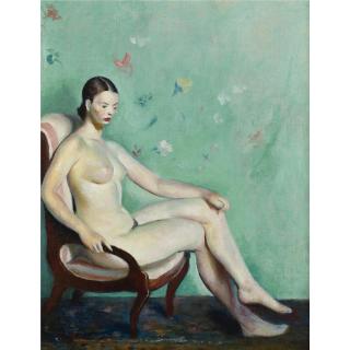 Guy Pène du Bois - Seated Brunette Nude With Green Background