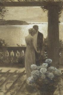 Guy Rose - Figures on a Moonlit Balcony sight 15 x 10 in. framed 24 3/4 x 19 in.