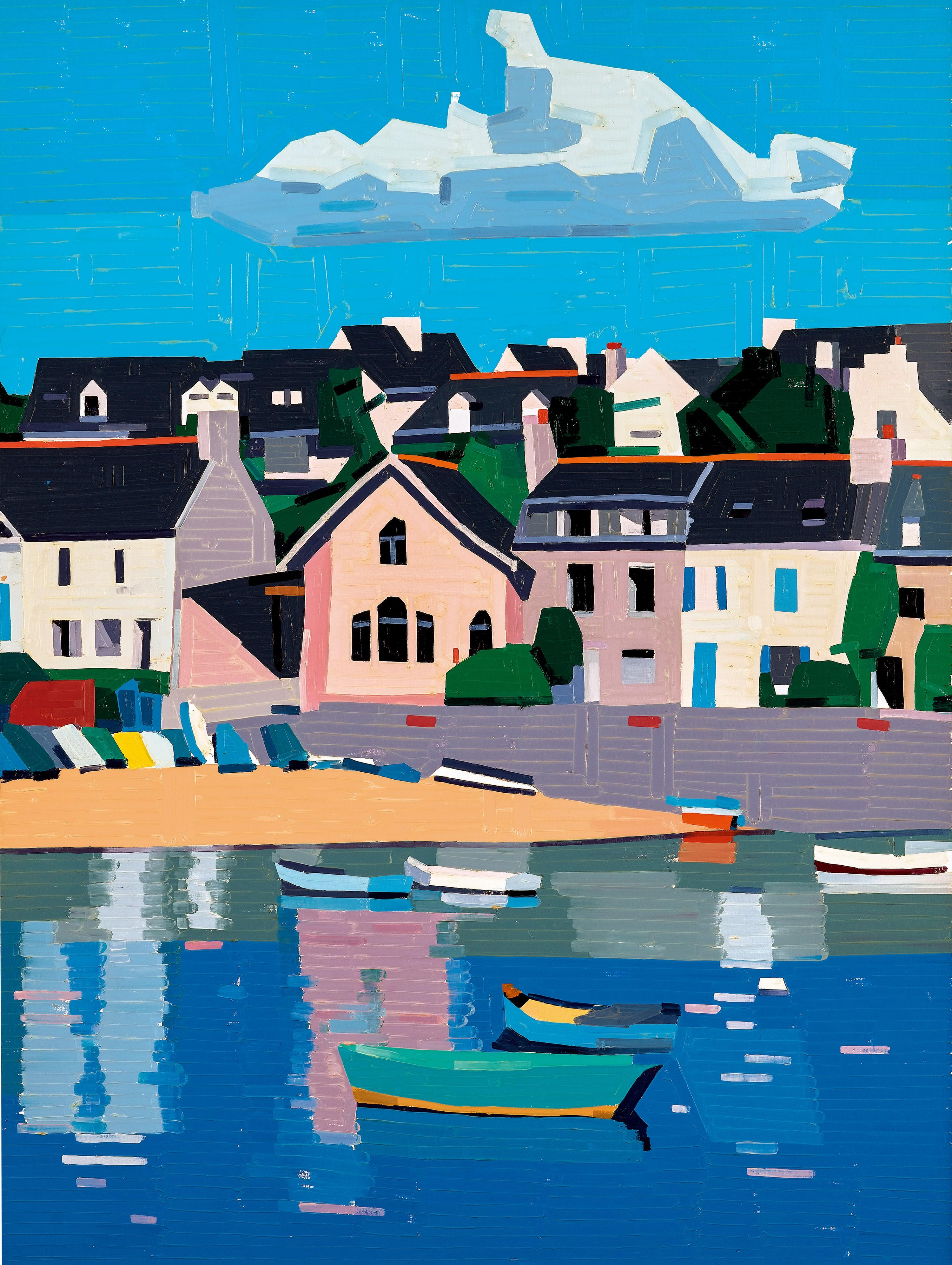 Guy Yanai - Painting with House, Boat and Beach(Painted in 2020)