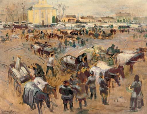 Gyørgy Ruzicskay - Activities at the market square in Buda, Hungary