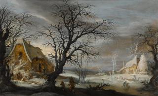 Gysbrecht Leytens - A winter landscape with figures, two peasants gathering wood and two riding a sledge