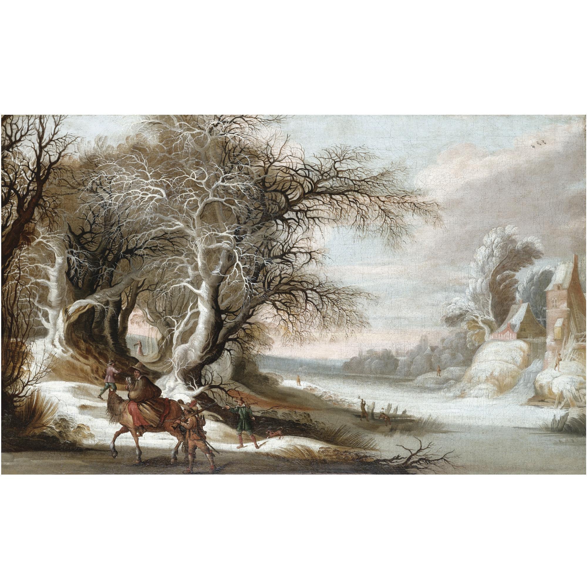 Gysbrecht Leytens - A Winter Landscape With Men Returning From The Hunt, And A Woman With A Child On Horseback
