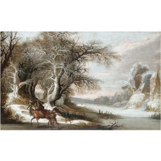 Gysbrecht Leytens - A Winter Landscape With Men Returning From The Hunt, And A Woman With A Child On Horseback