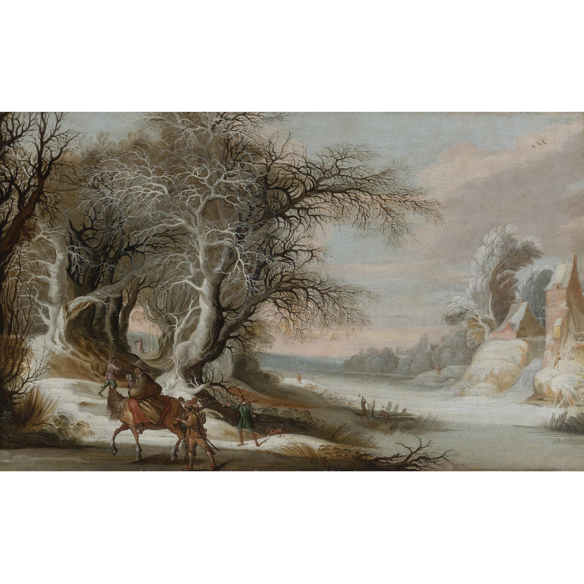 Gysbrecht Leytens - A Winter Landscape With Men Returning From The Hunt, And A Woman With A Child On Horseback
