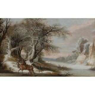 Gysbrecht Leytens - A Winter Landscape With Men Returning From The Hunt, And A Woman With A Child On Horseback