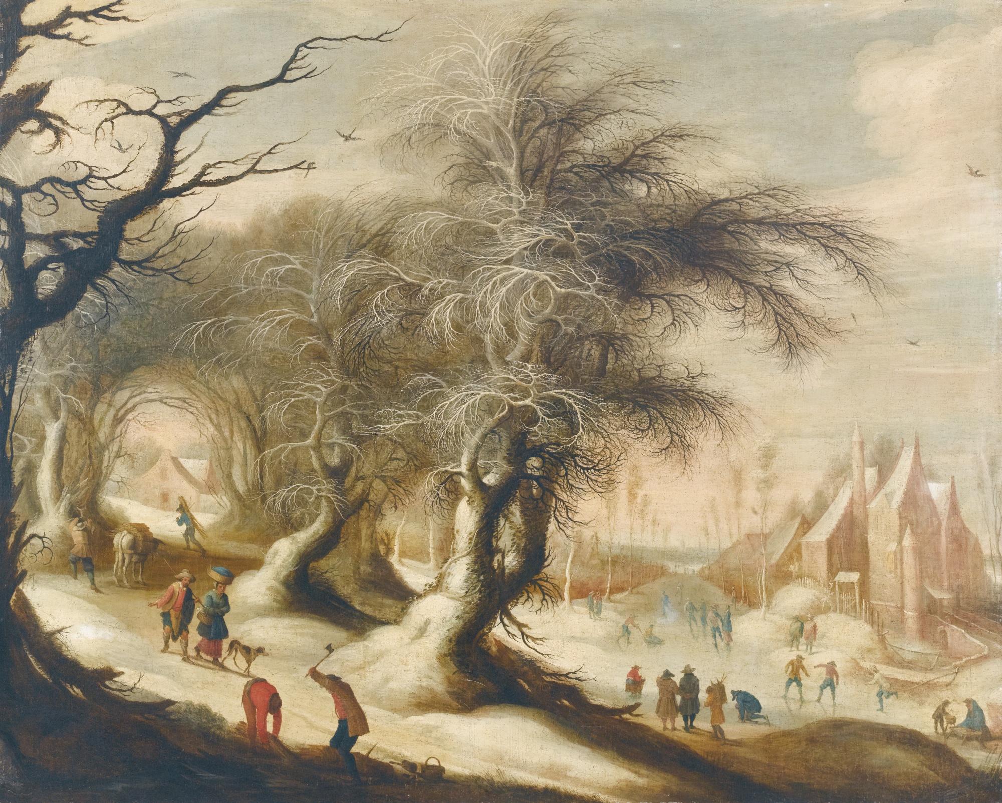 Gysbrecht Leytens - A Winter Landscape With Skaters On A Frozen River And Peasants Collecting Wood