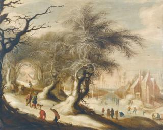 Gysbrecht Leytens - A Winter Landscape With Skaters On A Frozen River And Peasants Collecting Wood