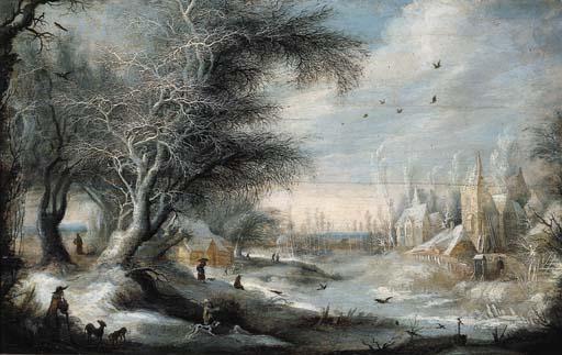 Gysbrecht Leytens - A winter landscape with sportsmen on a forest track near a village, peasants nearby