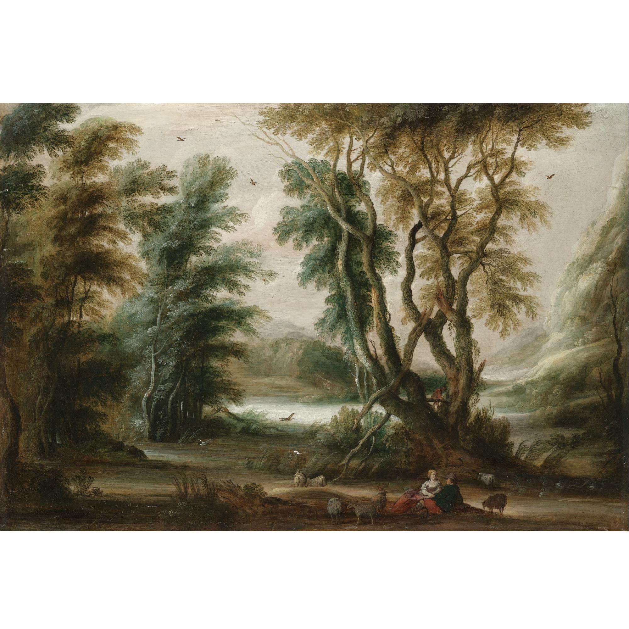 Gysbrecht Leytens - A Wooded River Landscape With A Shepherd And Shepherdess Resting Their Flock