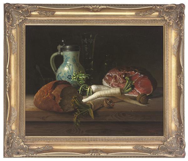 Gyula Bubárnik - Bread, Parsnips, Walnuts And Ham On A Table, With A Ceramic And Pewter Pitcher And Wine Glass To The Side