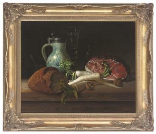 Gyula Bubárnik - Bread, Parsnips, Walnuts And Ham On A Table, With A Ceramic And Pewter Pitcher And Wine Glass To The Side