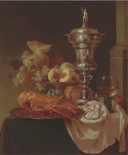 Gyula Bubárnik - Lobster, peaches, grapes and oranges on a silver platter, with a roemer silver cup and cover, on a table