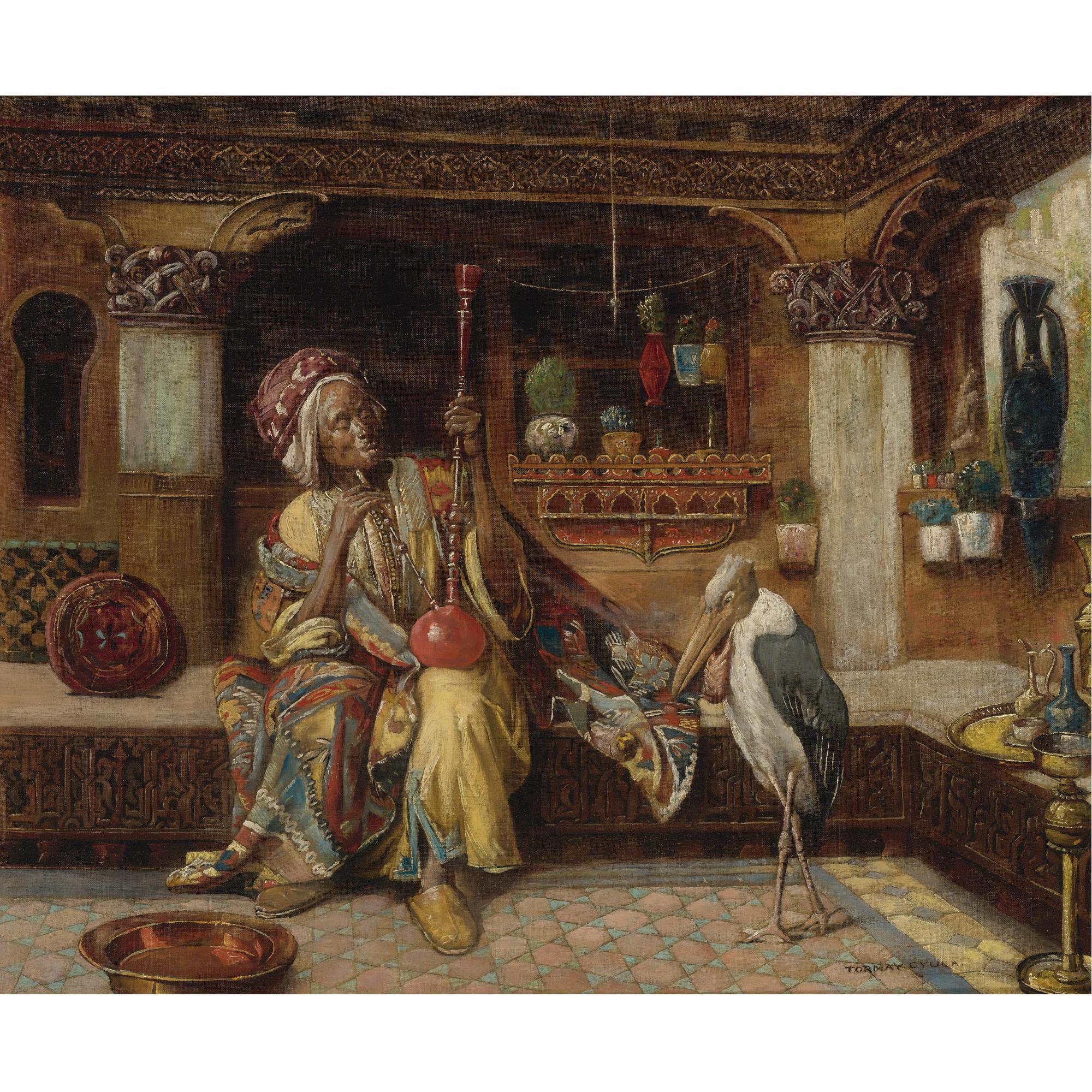 Gyula Tornai - Hungarian Smoker With Hookah And Marabou