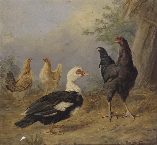 H. C. Bryant - A cock with hens and duck