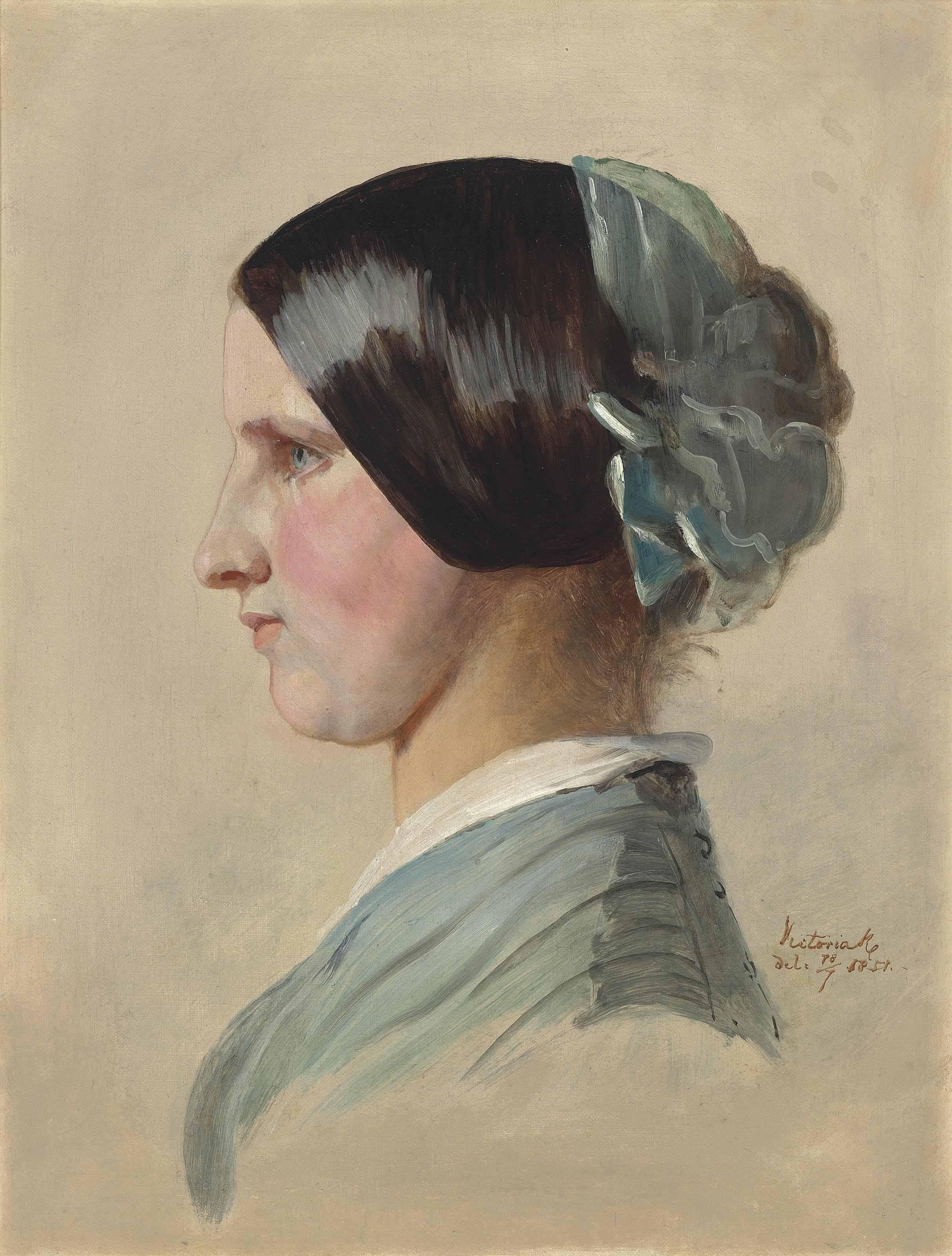 H.M. Queen Victoria - Head Of A Maid, In Profile To The Left, In A Blue Dress, With Ribbons In Her Hair