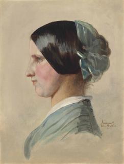 H.M. Queen Victoria - Head Of A Maid, In Profile To The Left, In A Blue Dress, With Ribbons In Her Hair