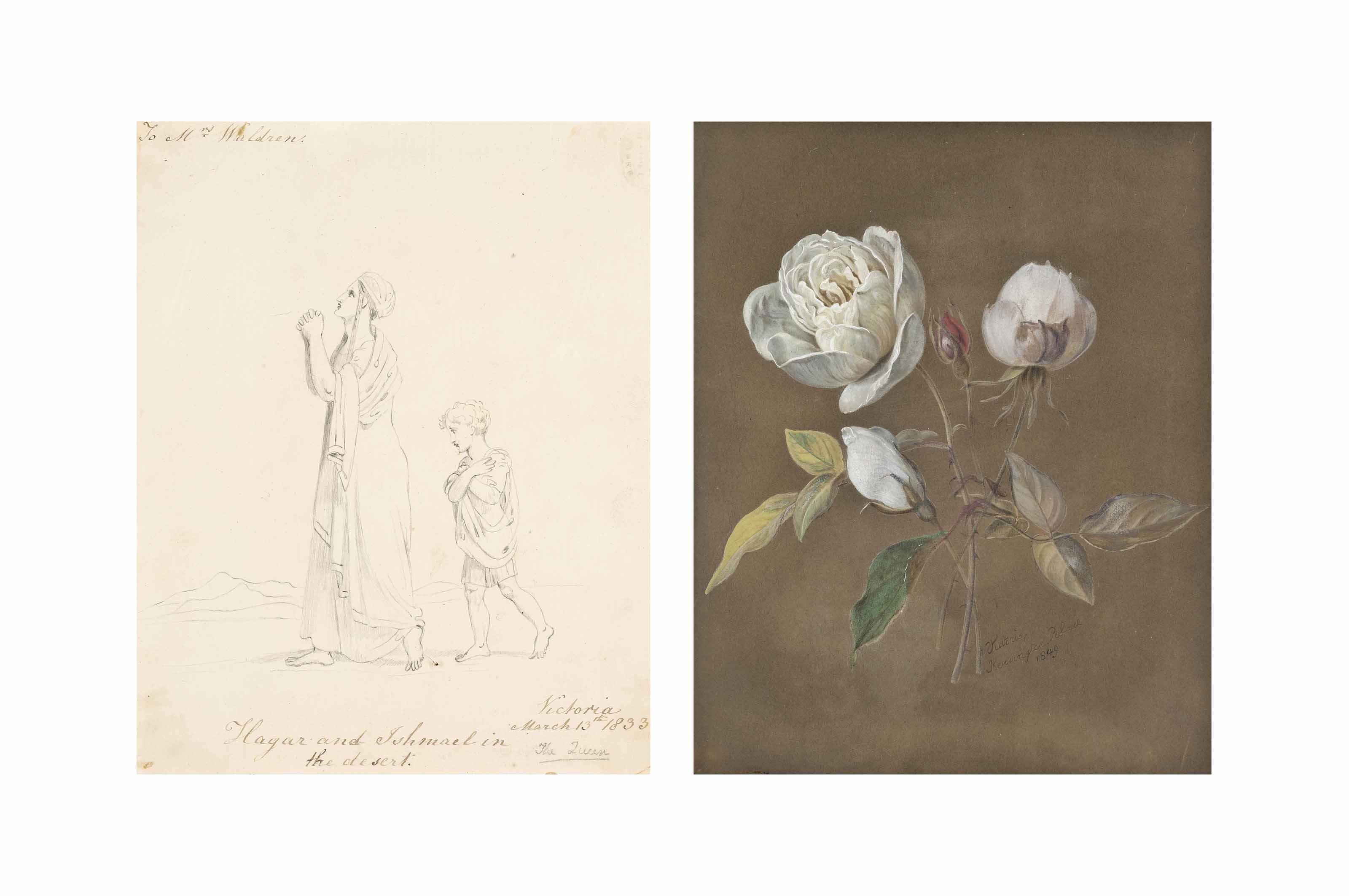 H.R.H. Queen Victoria - Hagar and Ishmael in the desert; and Still life of roses