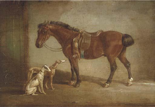H. S. Cottrell - A saddled pony with two hounds