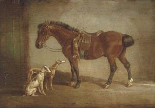 H. S. Cottrell - A saddled pony with two hounds