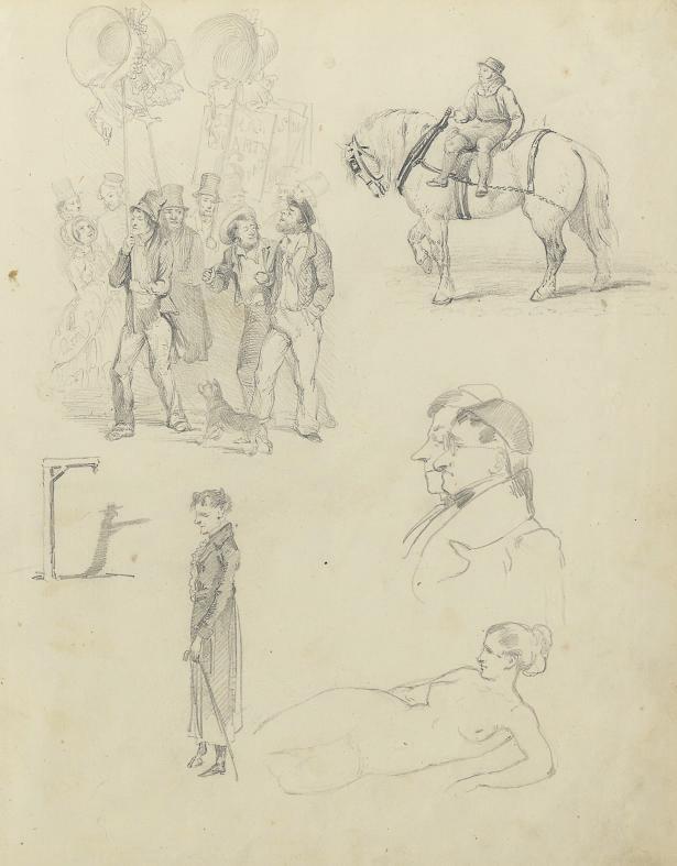 Hablot Knight Browne - A sheet of sketches including figures at a parade and on horseback