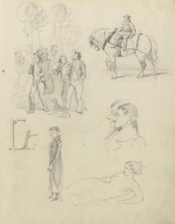 Hablot Knight Browne - A sheet of sketches including figures at a parade and on horseback