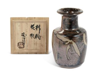 Hamada Shoji - A Stoneware Vase with Iron Rust Glaze over Wax Resist Grass Design