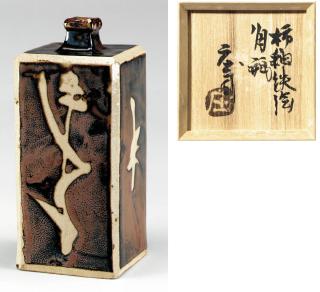 Hamada Shoji - Persimmon-glazed square stoneware bottle with wax-resist sugarcane design